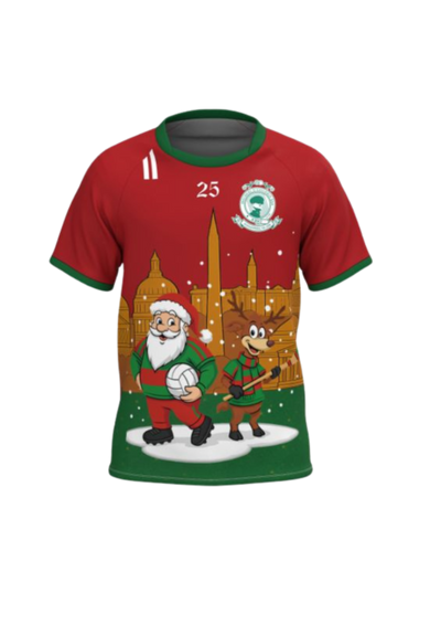 Red and green sports jersey with cartoon characters and festive design on a white background