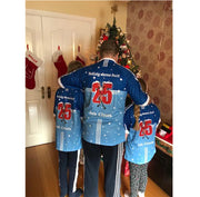 Round neck, Santa & Rudolf in Armagh Jersey, long sleeve round neck top, knicks christmas jersey, new york knicks christmas jersey, bucks christmas jersey, nba christmas sleeve jerseys, christmas nba jerseys, Lapland Gaels crest to right, MC (Merry Christmas) logo to left, Nollaig Shona Duit on back (Merry Christmas in Gaelic), Ard  Mhacha to back (Armagh in Gaelic), 